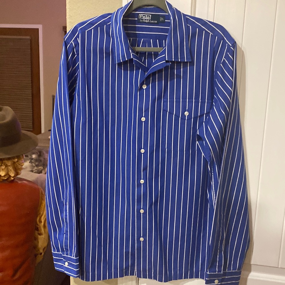 Polo royal blue striped dress shirt size L